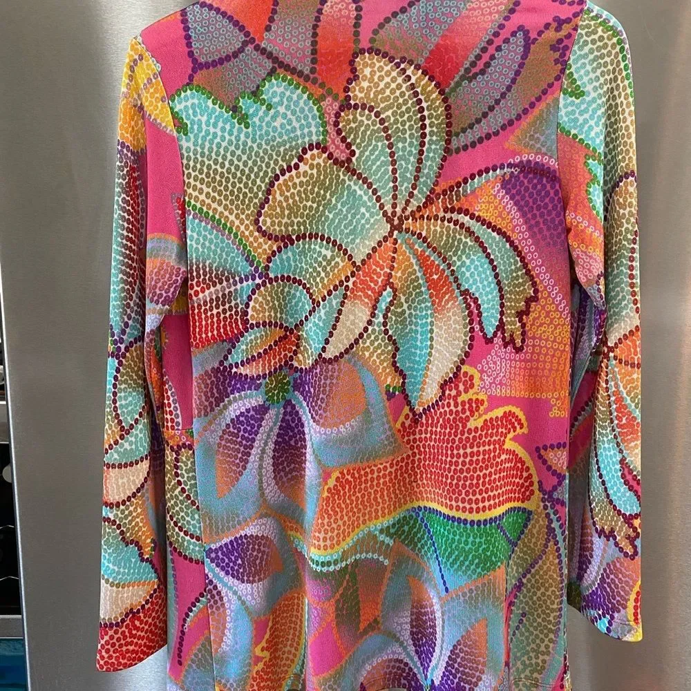 Clara SunWoo gorgeous Draped Tunic open Cardigan in Mosaic Petal Print LG vacay! - Picture 5 of 11